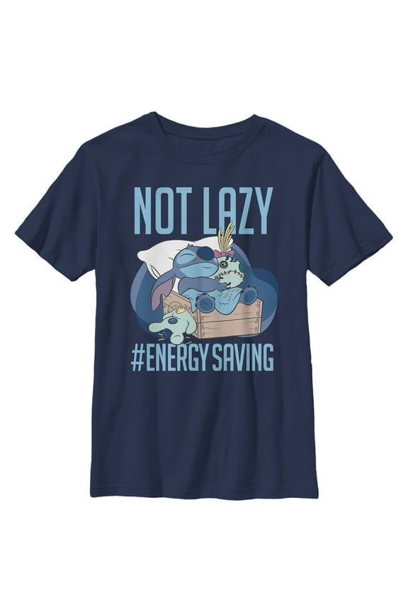 Boy's Lilo & Stitch Not Lazy, Saving Energy Graphic Tee Navy Blue Large