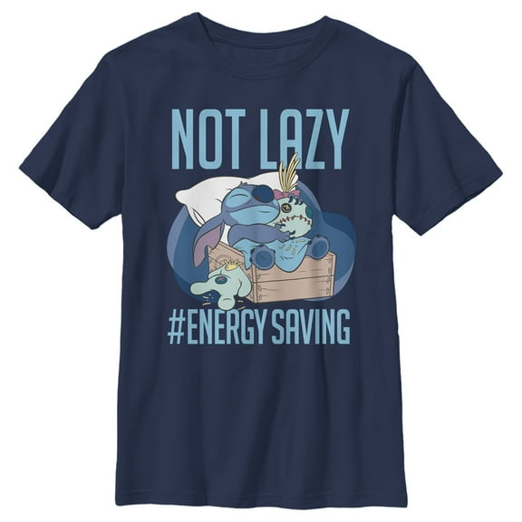 Boy's Lilo & Stitch Not Lazy, Saving Energy  Graphic Tee Navy Blue Medium
