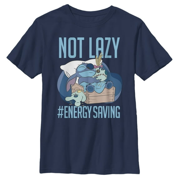 Boy's Lilo & Stitch Not Lazy, Saving Energy Graphic Tee Navy Blue Small