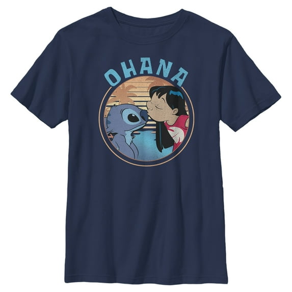 Boy's Lilo & Stitch Ohana and a Kiss Graphic Tee Navy Blue Large