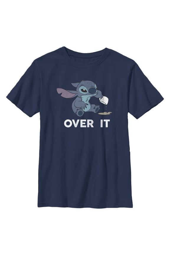 Boy's Lilo & Stitch Over It Distressed Stitch Graphic Tee Navy Blue Large
