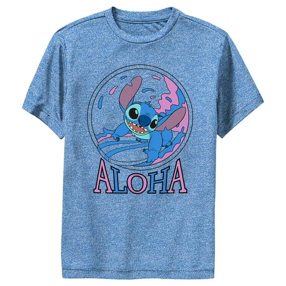 Boy's Lilo & Stitch Pink and Blue Aloha  Performance Graphic Tee Royal Blue Heather Medium