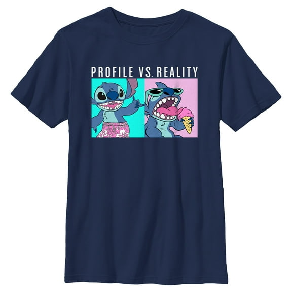 Boy's Lilo & Stitch Profile VS Reality Meme Graphic Tee Navy Blue Medium