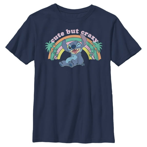 Boy's Lilo & Stitch Rainbow Cute But Crazy Palm Tree Graphic Tee Navy Blue Large