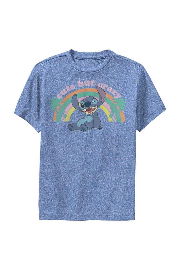 Boy's Lilo & Stitch Rainbow Cute But Crazy Palm Tree Performance Graphic Tee Royal Blue Heather Medium