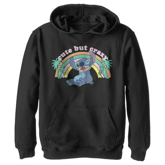 Boy's Lilo & Stitch Rainbow Cute But Crazy Palm Tree Pull Over Hoodie Black Medium
