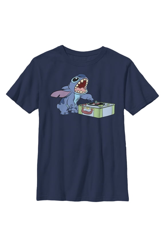 Boy's Lilo & Stitch Record Scratch Graphic Tee Navy Blue Large