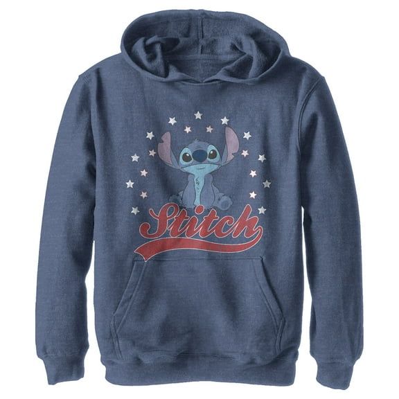 Boy's Lilo & Stitch Red, White, and Blue Stars  Pull Over Hoodie Navy Blue Heather Small