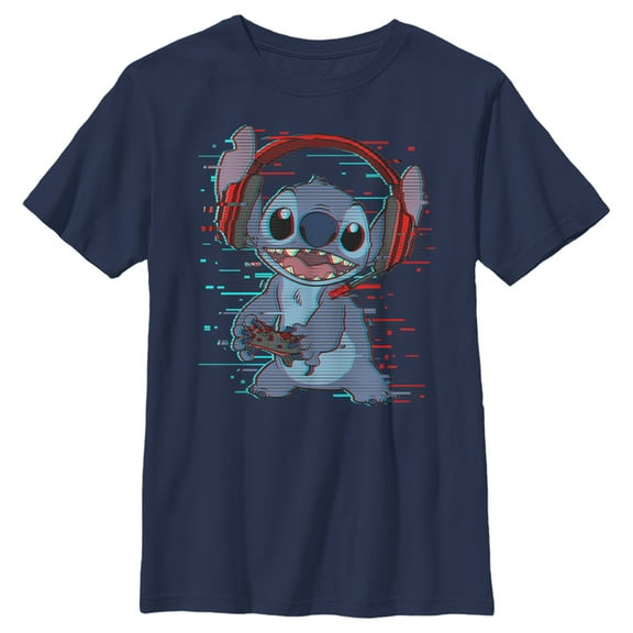 Boy's Lilo & Stitch Red and Blue Gamer  Graphic Tee Navy Blue Medium