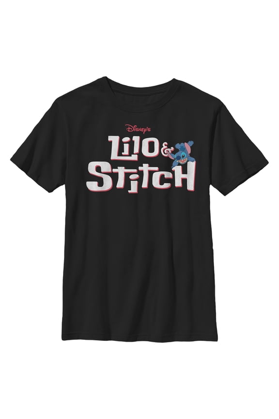 Boy's Lilo & Stitch Red and White Logo Graphic Tee Black X Small