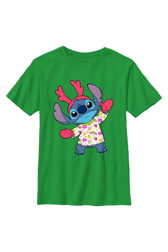 Boy's Lilo & Stitch Reindeer Alien Graphic Tee Kelly Green Large