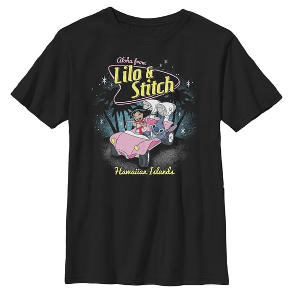 Boy's Lilo & Stitch Retro '50s Hawaiian Islands Graphic Tee Black Medium