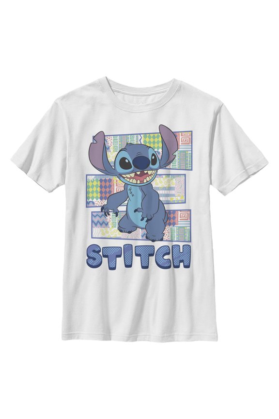 Boy's Lilo & Stitch Retro Pattern Panels  Graphic Tee White Large