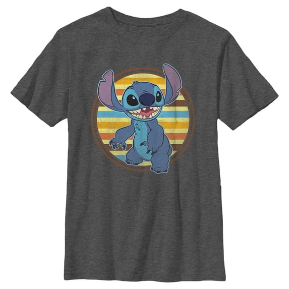 Boy's Lilo & Stitch Retro Striped Circle Stitch Graphic Tee Charcoal Heather Large