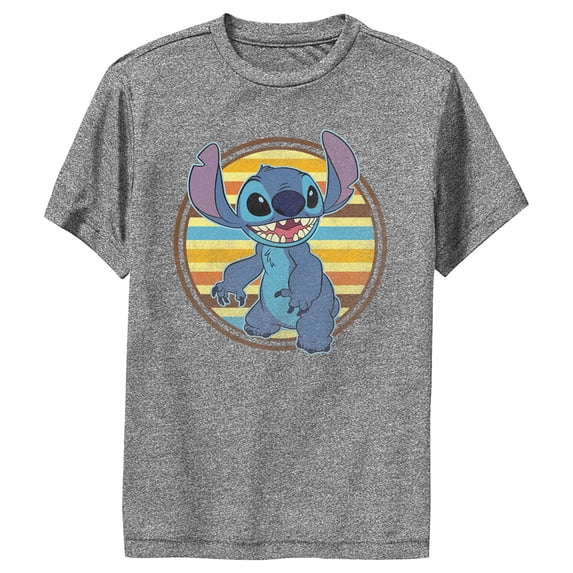 Boy's Lilo & Stitch Retro Striped Circle Stitch Performance Graphic Tee Charcoal Heather Large