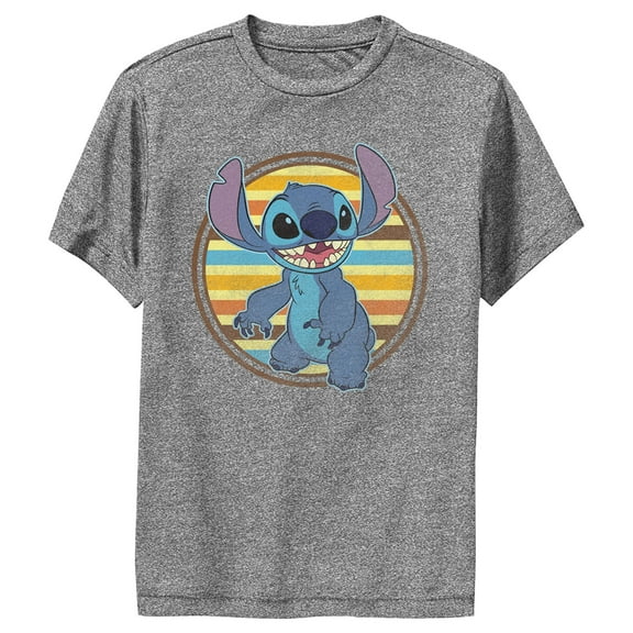 Boy's Lilo & Stitch Retro Striped Circle Stitch  Performance Graphic Tee Charcoal Heather Medium