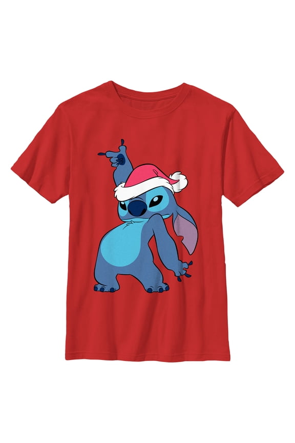 Boy's Lilo & Stitch Santa Hat Graphic Tee Red Small