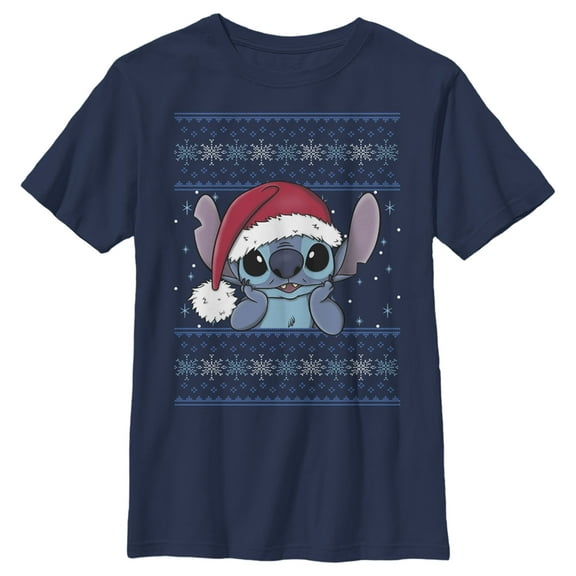 Boy's Lilo & Stitch Santa Hat Ugly Sweater  Graphic Tee Navy Blue Large