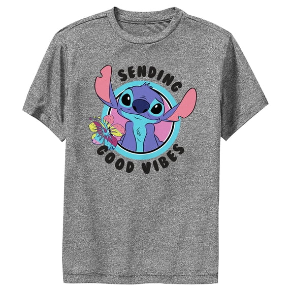 Boy's Lilo & Stitch Sending Good Vibes Performance Graphic Tee Charcoal Heather Large