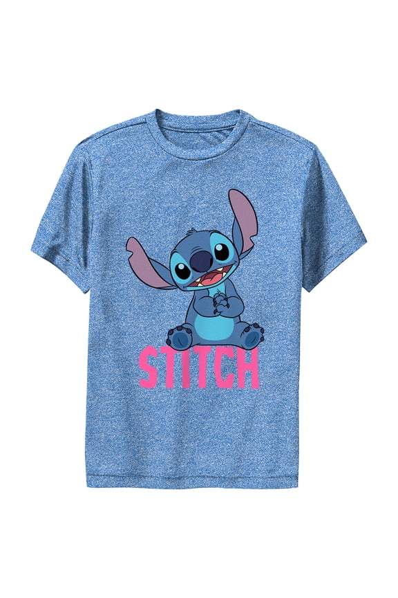 Boy's Lilo & Stitch Sitting Cute  Performance Graphic Tee Royal Blue Heather Medium