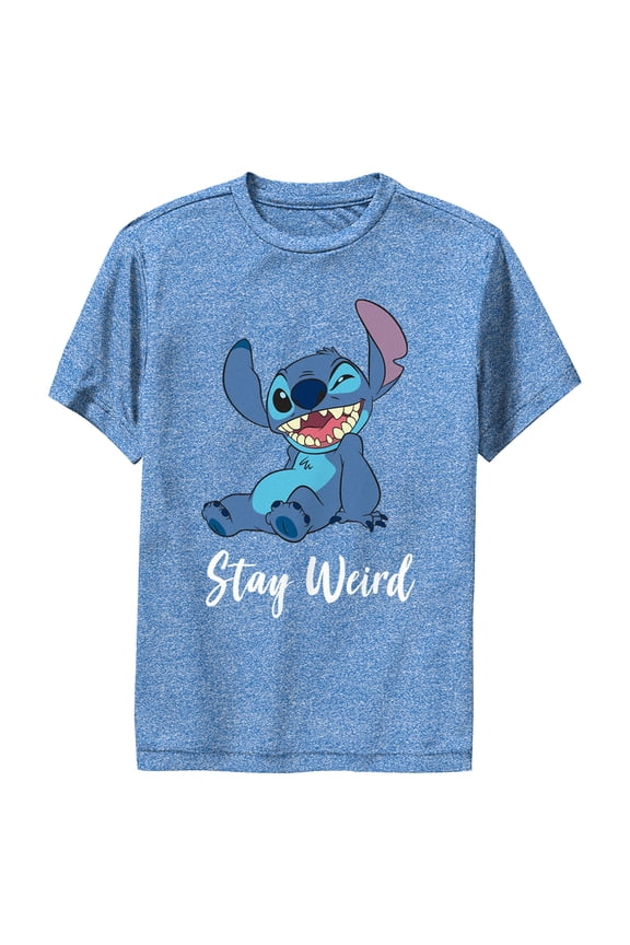 Boy's Lilo & Stitch Stay Weird Stitch  Performance Graphic Tee Royal Blue Heather Large