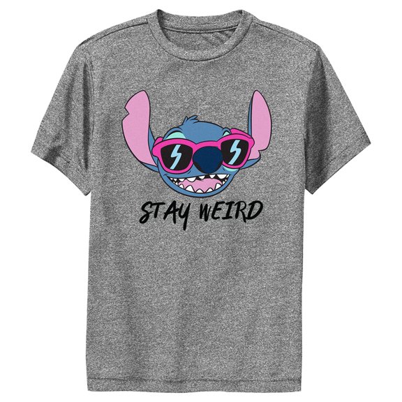 Boy's Lilo & Stitch Stay Weird Sunglasses Stitch  Performance Graphic Tee Charcoal Heather Small