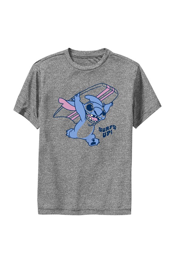 Boy's Lilo & Stitch Surfs Up Stitch Performance Graphic Tee Charcoal Heather Large