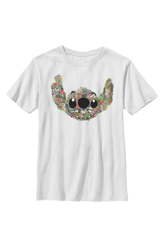 Boy's Lilo & Stitch Tropical Flower Big Face Graphic Tee White X Small