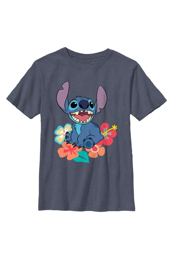 Boy's Lilo & Stitch Tropical Happy Stitch  Graphic Tee Navy Blue Heather Medium