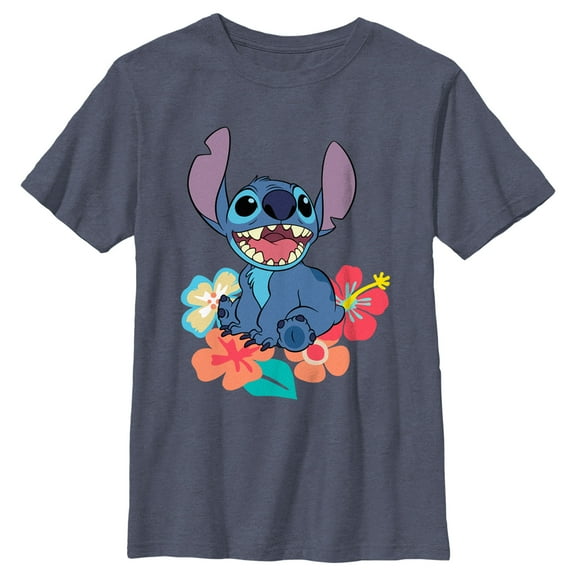 Boy's Lilo & Stitch Tropical Happy Stitch  Graphic Tee Navy Blue Heather Small