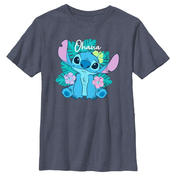 Boy's Lilo & Stitch Tropical Ohana Stitch  Graphic Tee Navy Blue Heather Small