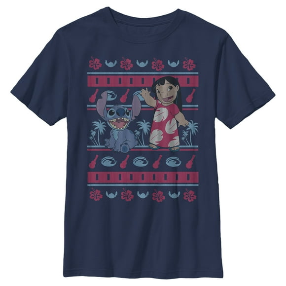 Boy's Lilo & Stitch Tropical Ugly Sweater  Graphic Tee Navy Blue X Small