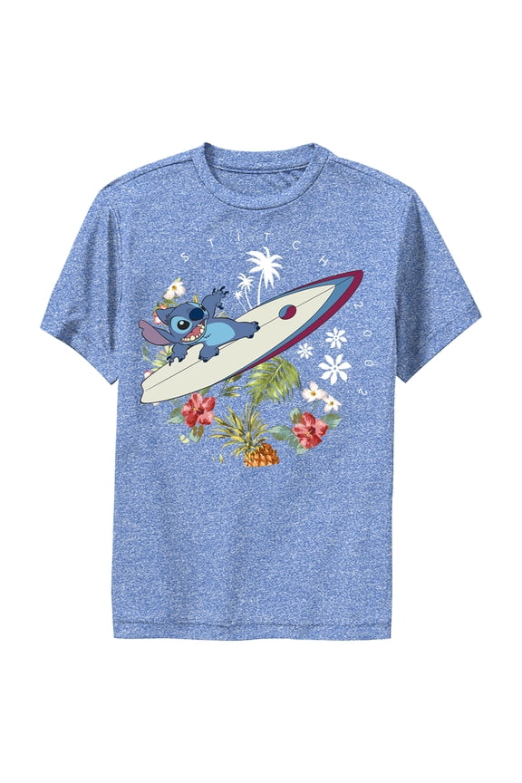 Boy's Lilo & Stitch Tropical Waves  Performance Graphic Tee Royal Blue Heather Medium