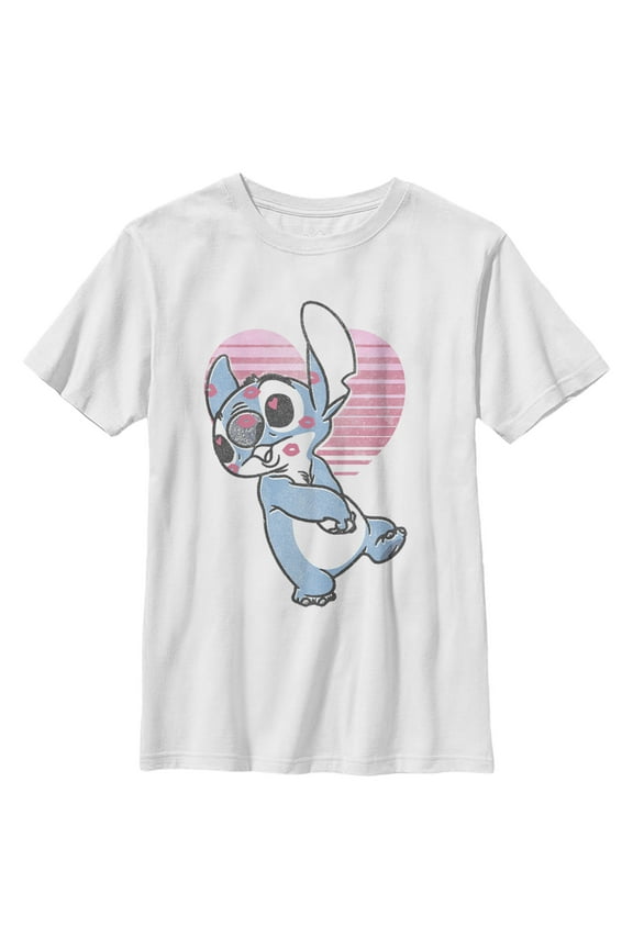 Boy's Lilo & Stitch Valentine's Day Kissy Face Graphic Tee White Small