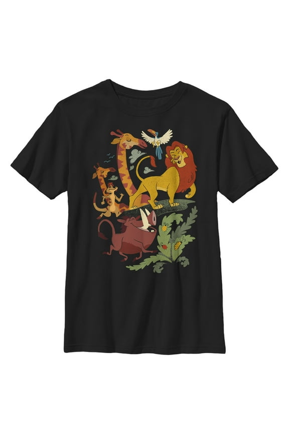 Boy's Lion King Cartoon Jungle Friends Graphic Tee Black Small