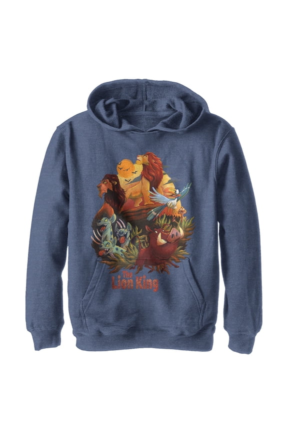 Boy's Lion King Groovy Character Cartoon Pull Over Hoodie Navy Blue Heather Small