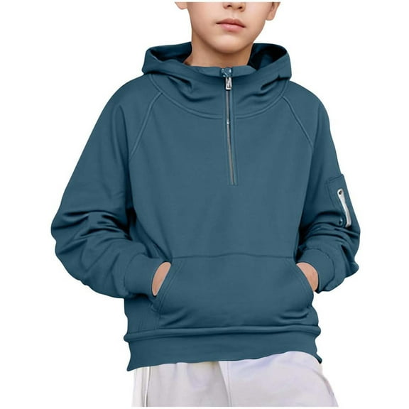 Boy's Long Sleeve Hoodies Casual Loose Hooded Sweatshirts Kids Quarter Zip Pullover with Kangaroo Pocket 5-15Y