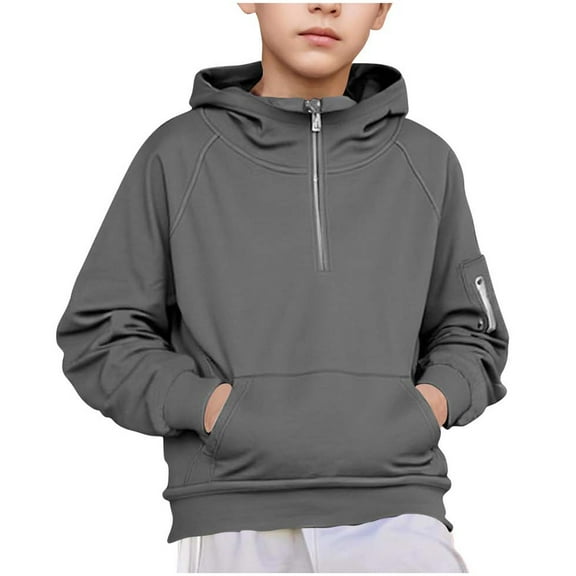 Boy's Long Sleeve Hoodies Casual Loose Hooded Sweatshirts Kids Quarter Zip Pullover with Kangaroo Pocket 5-15Y