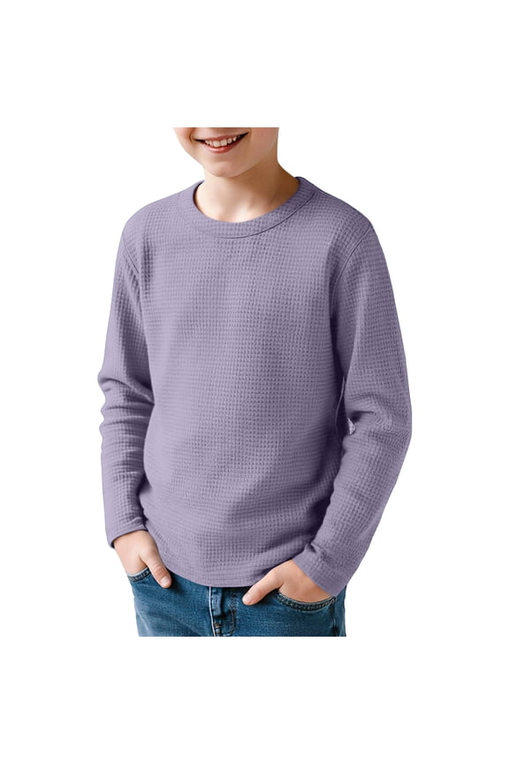 Boy's Long Sleeve Shirts, Waffle Knit Crew Neck Tops T-Shirts Basic Layer Undershirts,Light Purple 7-8 Years