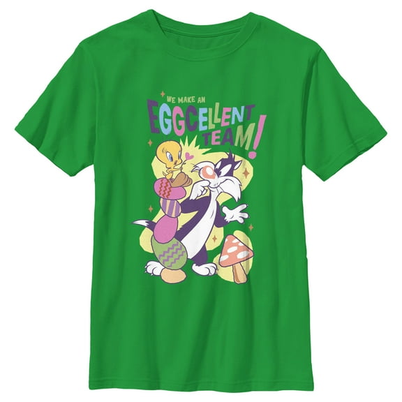 Boy's Looney Tunes Easter Tweety and Sylvester We Make an Eggcellent Team Graphic Tee Kelly Green Medium