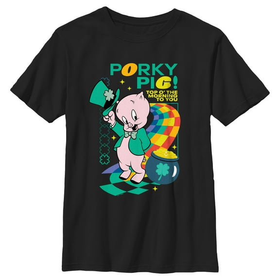 Boy's Looney Tunes Porky Top o’ the Morning to You  Graphic Tee Black Medium