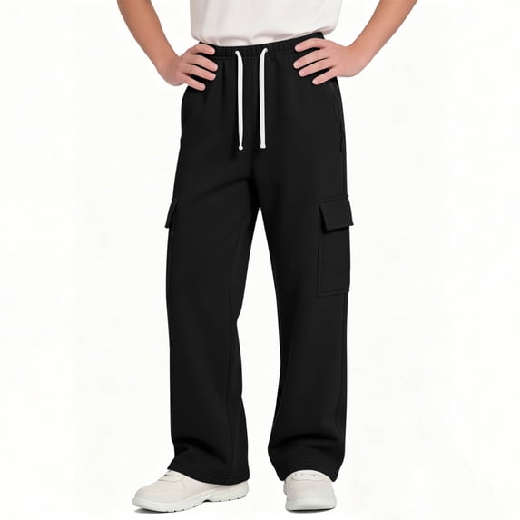 Boy's Loose Wide Leg Cargo Sweatpants Solid Color Drawstring Pants Elastic Waisted Casual Comfortable Pants with Zip Pocket 5-14 Years