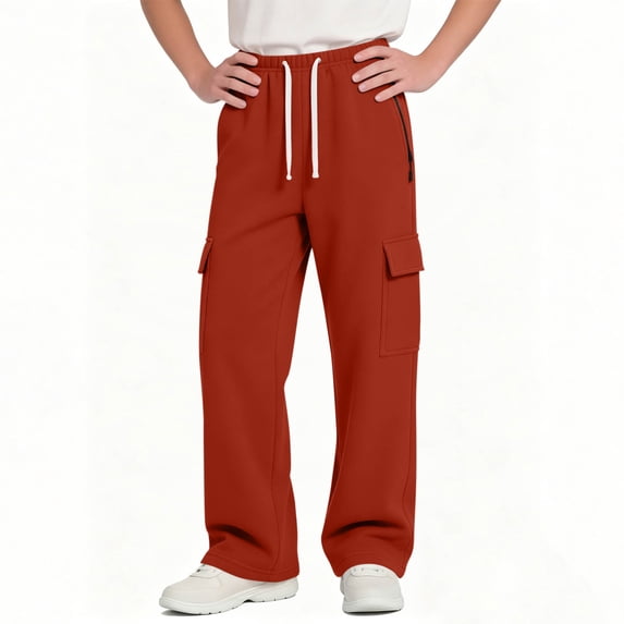 Boy's Loose Wide Leg Cargo Sweatpants Solid Color Drawstring Pants Elastic Waisted Casual Comfortable Pants with Zip Pocket 5-14 Years