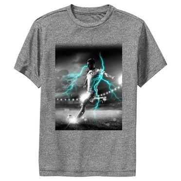 Boy's Lost Gods Blue Lightning Soccer Player  Performance Graphic Tee Charcoal Heather Large