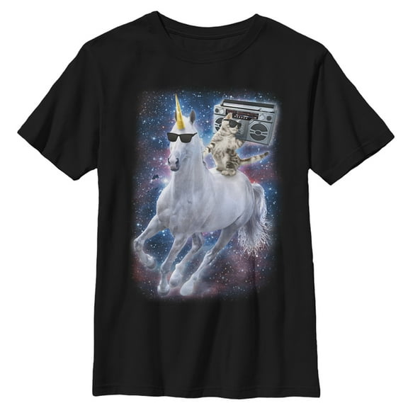 Boy's Lost Gods Boombox Cat and Unicorn Space Song  Graphic Tee Black Large