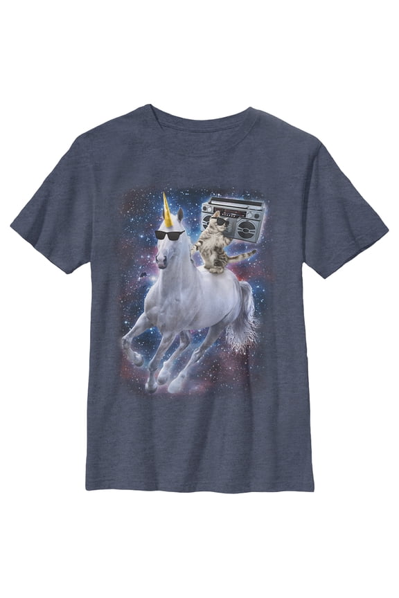 Boy's Lost Gods Boombox Cat and Unicorn Space Song Graphic Tee Navy Blue Heather X Large