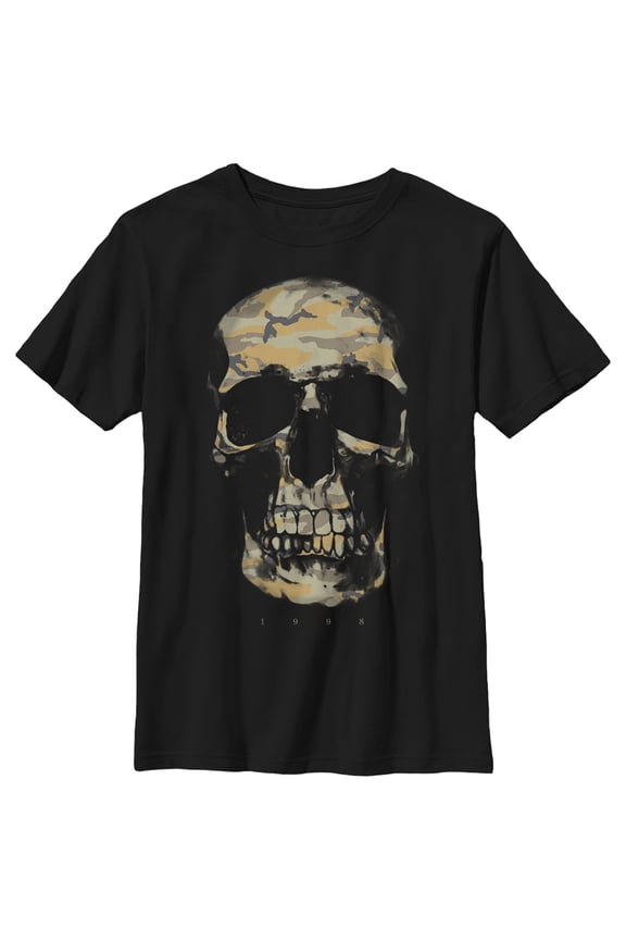 Boy's Lost Gods Camouflage Print Skull  Graphic Tee Black X Large