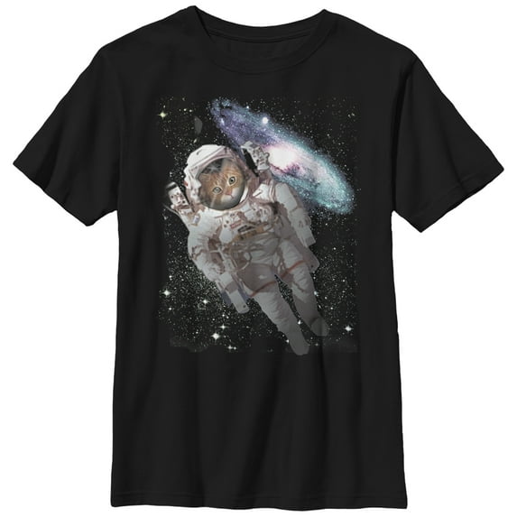 Boy's Lost Gods Cat Astronaut Space Galaxy Graphic Tee Black Small