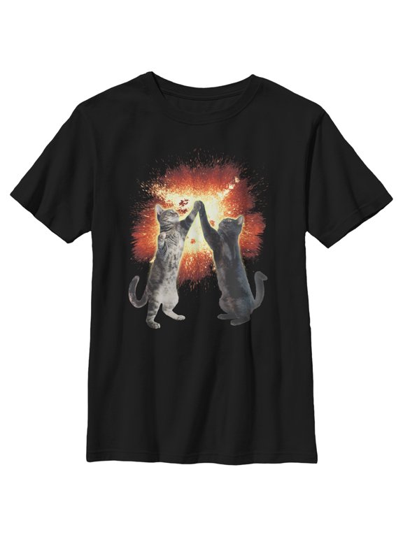 Boy's Lost Gods Cat High Five Explosion Graphic Tee Black Large