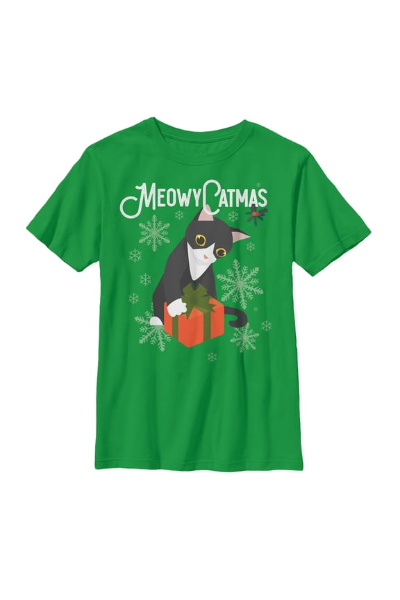 Boy's Lost Gods Christmas Cat Present Graphic Tee Kelly Green Large